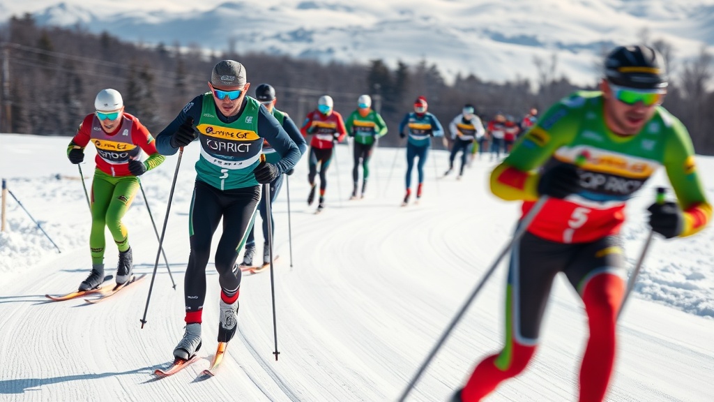크로스컨트리 스키 대회에서 여러 선수가 눈 덮인 평지 코스를 함께 이동하는 장면