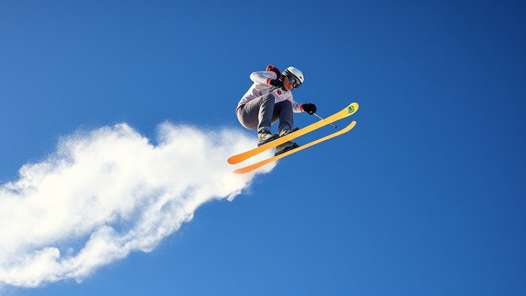 프리스타일 스키 에어리얼 종목에서 선수가 높이 도약하여 공중에서 회전 동작을 하는 모습
