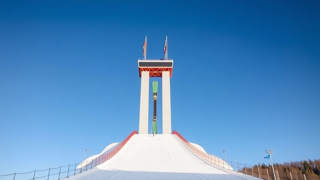 스키점프 경기장의 높은 점프대 구조물과 긴 착지 사면이 보이는 전체 시설