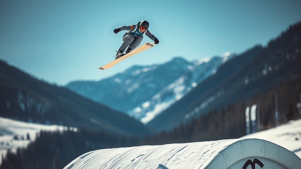 스키점프 선수가 V자 자세로 공중을 날아가는 순간을 포착한 장면